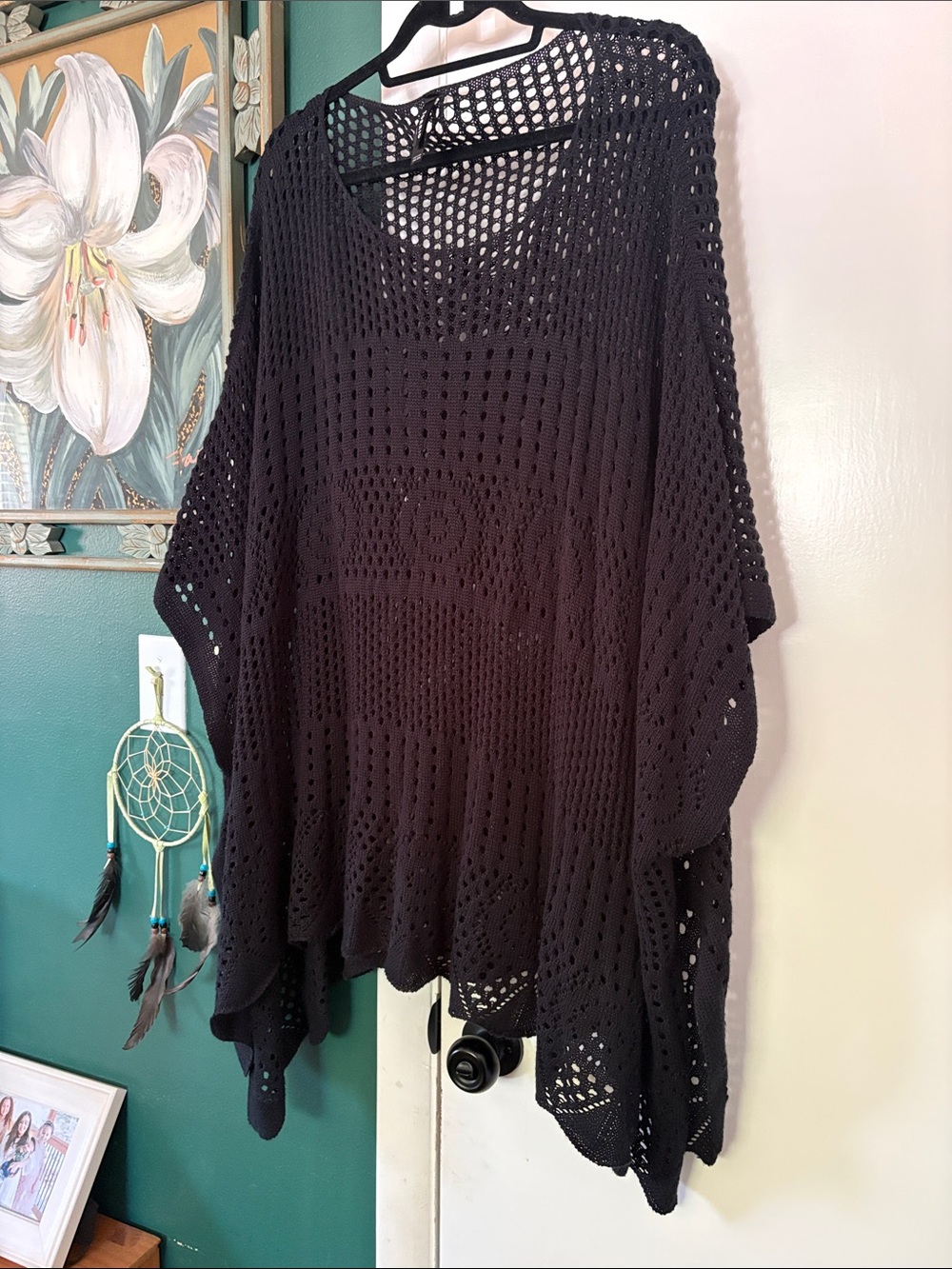 Black Open-Knit Women's Poncho Sweater